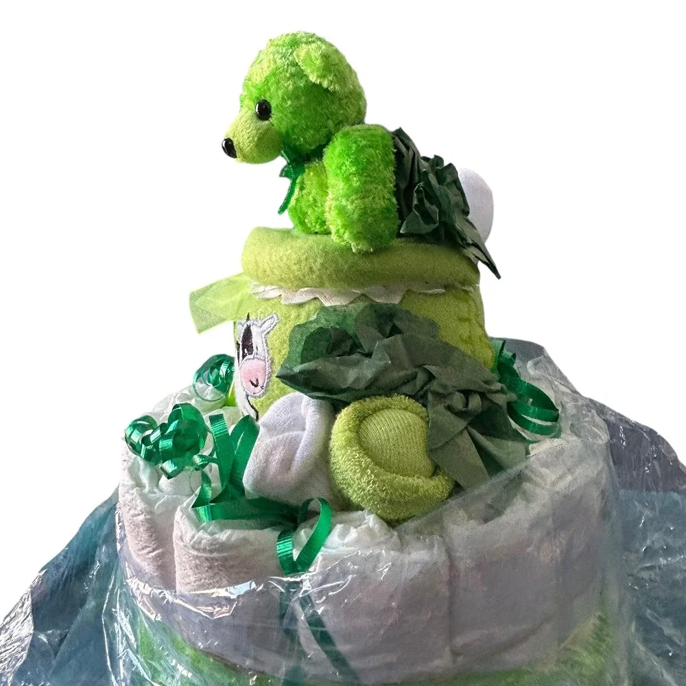 Green Diaper Cake Baby Shower Gift Teddy Bear Cow Blanket Baby Essentials NEW